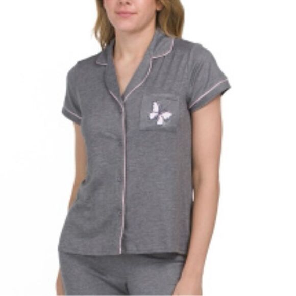 Life is Good L-XL Gray Pink Trim Notch Collar 2 pc Short Sleeve Top Pants PJ Set - Picture 3 of 16